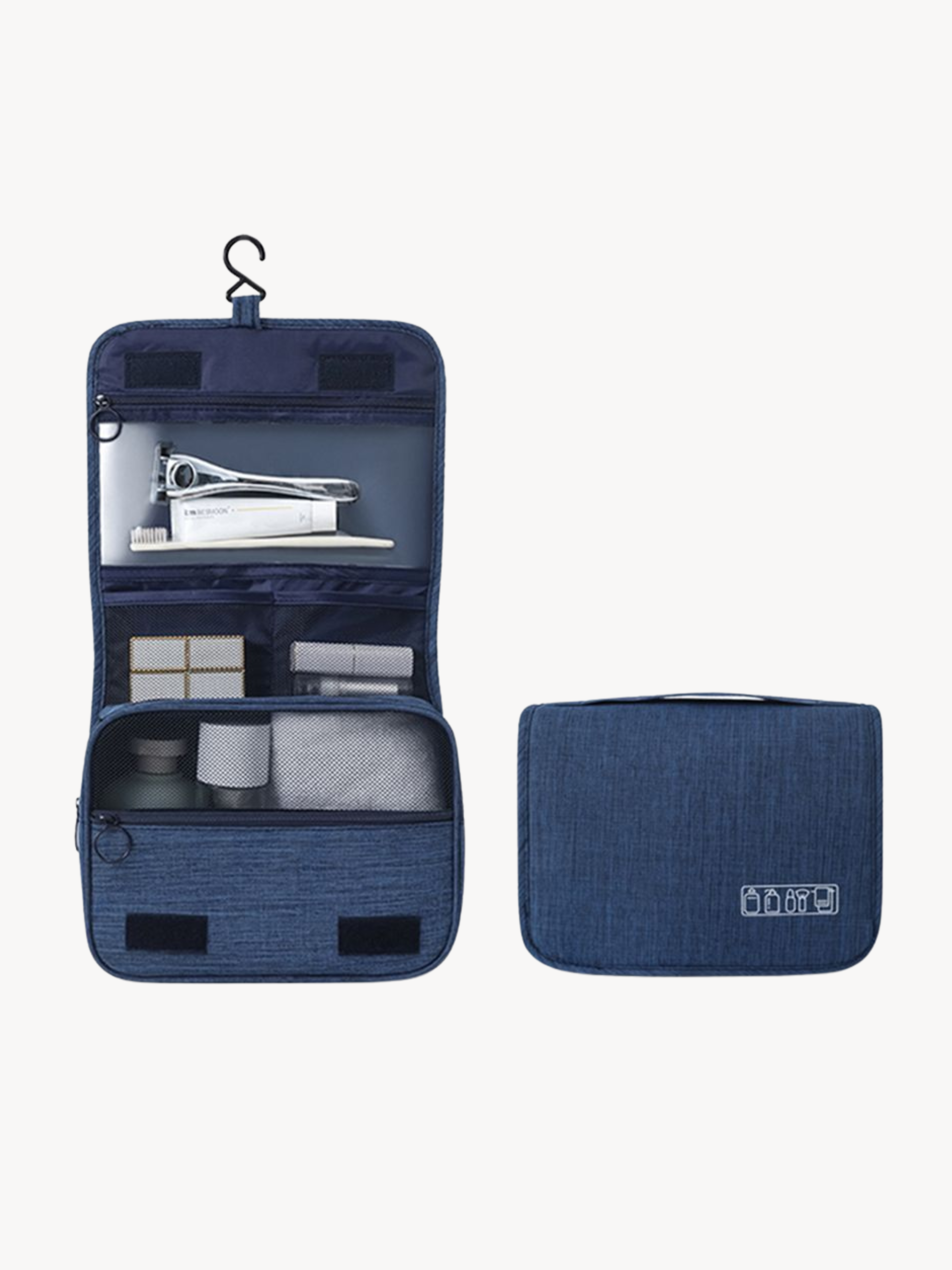 Fotos da necesserie azul para viagens, disponivel em: https://essencialbag.com/products/essencial-basics-bag-azul