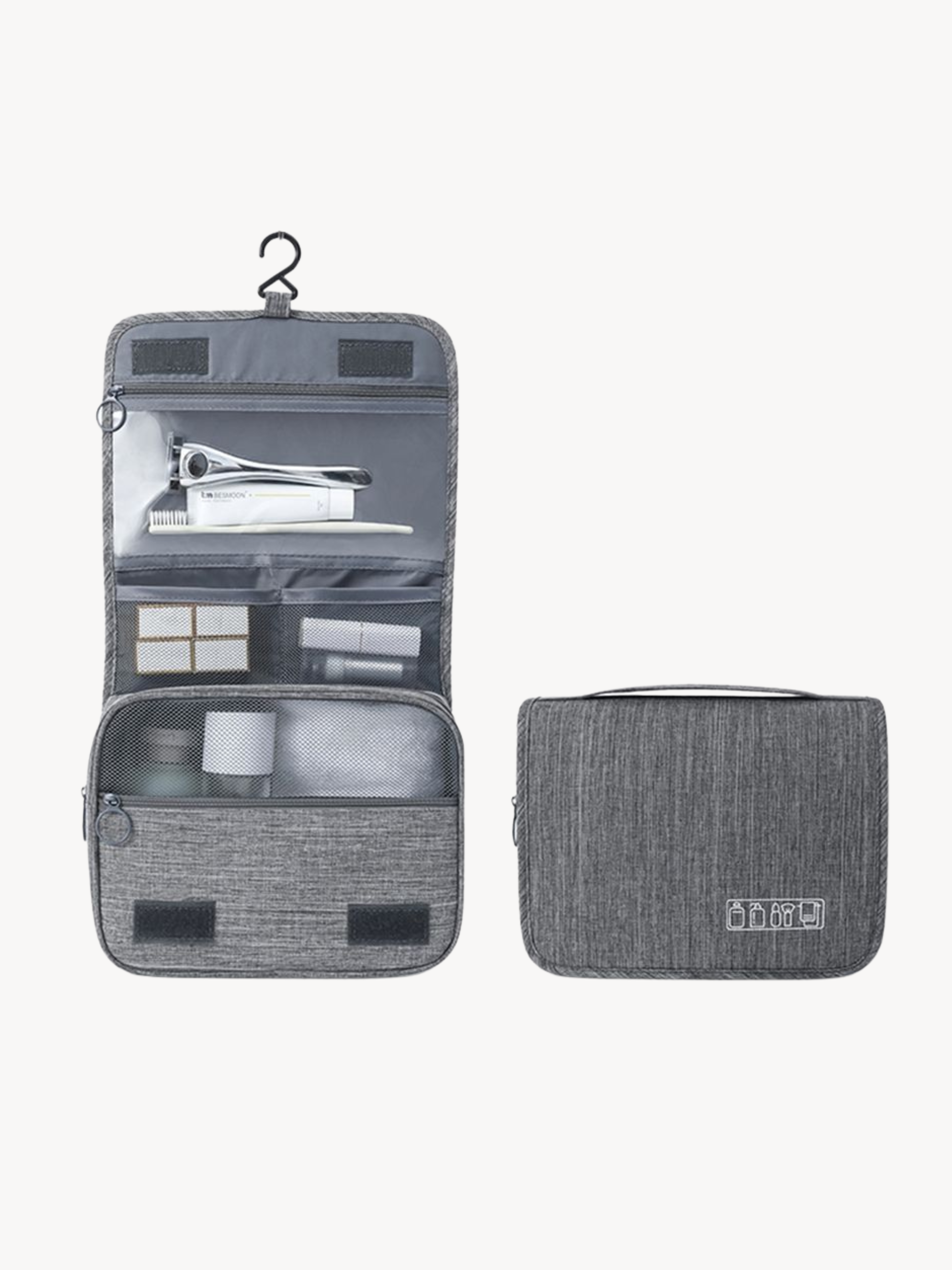 Fotos da necesserie cinza para viagens, disponível em: https://essencialbag.com/products/essencial-basics-bag-cinza